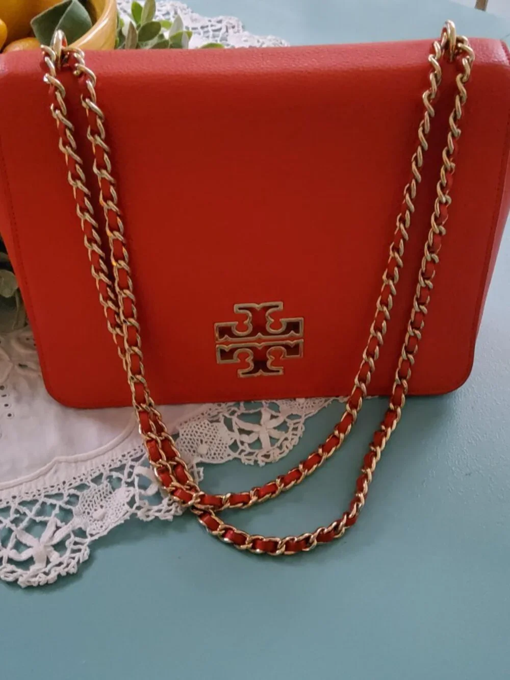 Tory Burch Large Flap Crossbody in Orange with Chain Strap